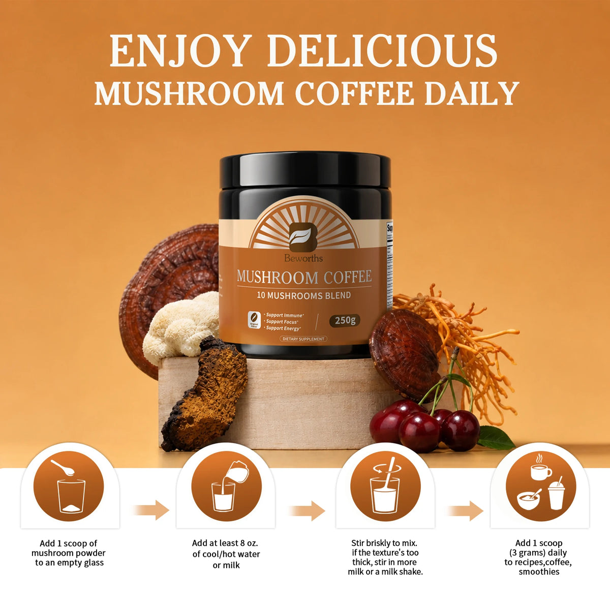 Organic Lion's Mane Mushroom Coffee with Reishi Cordyceps Powder