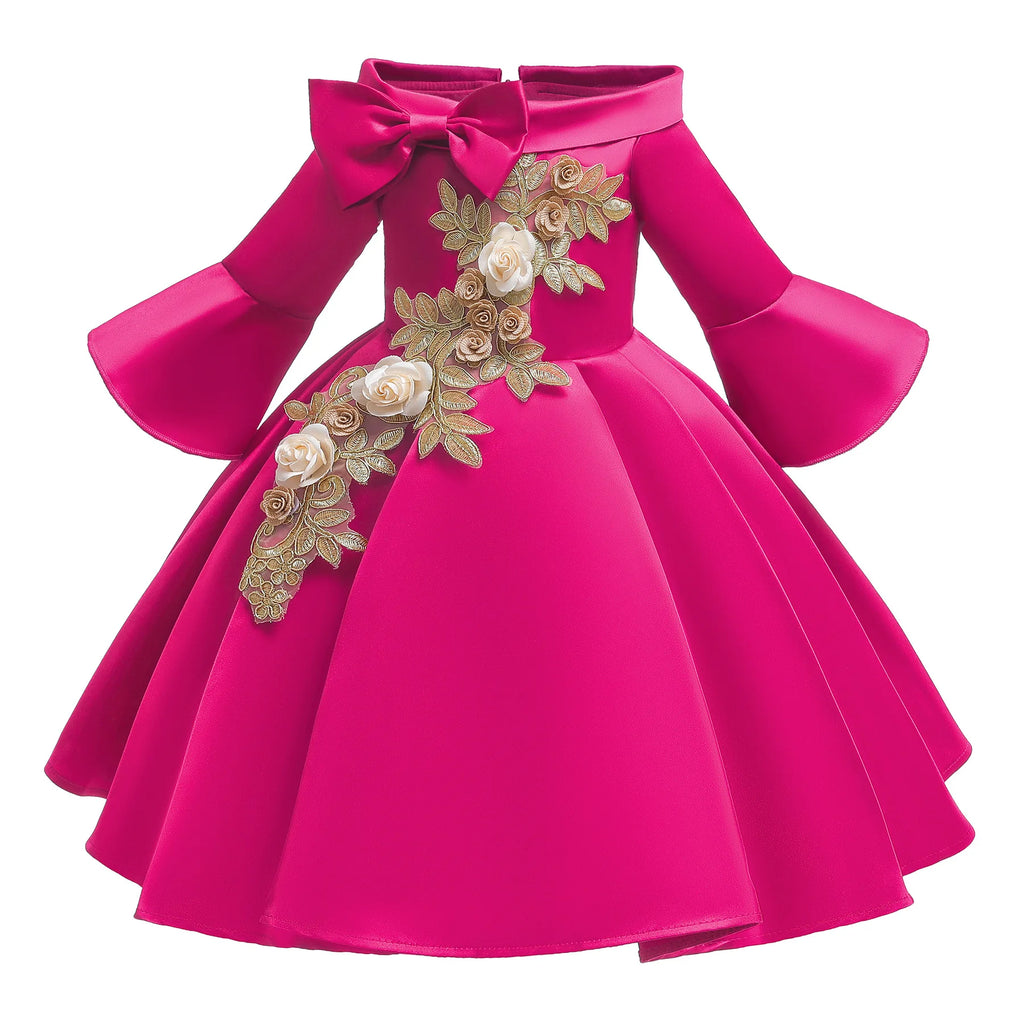 Girls' Sequin Satin Flare Sleeve Princess Party Dress
