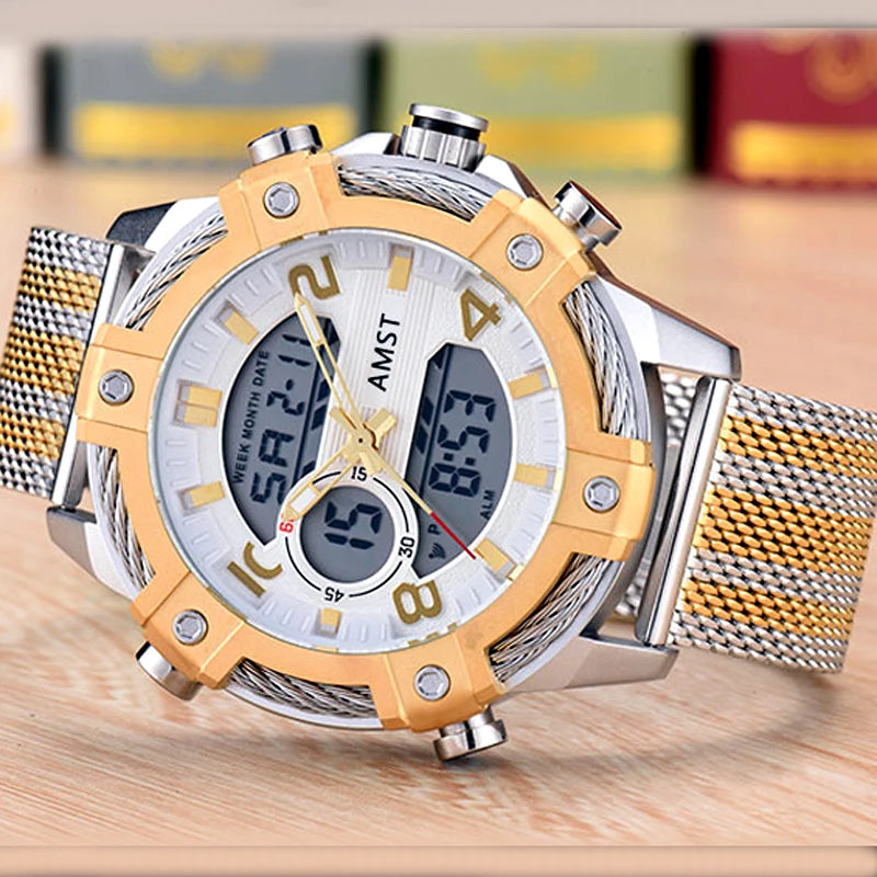 Men's Digital Quartz Dual Time Stainless Steel Watch