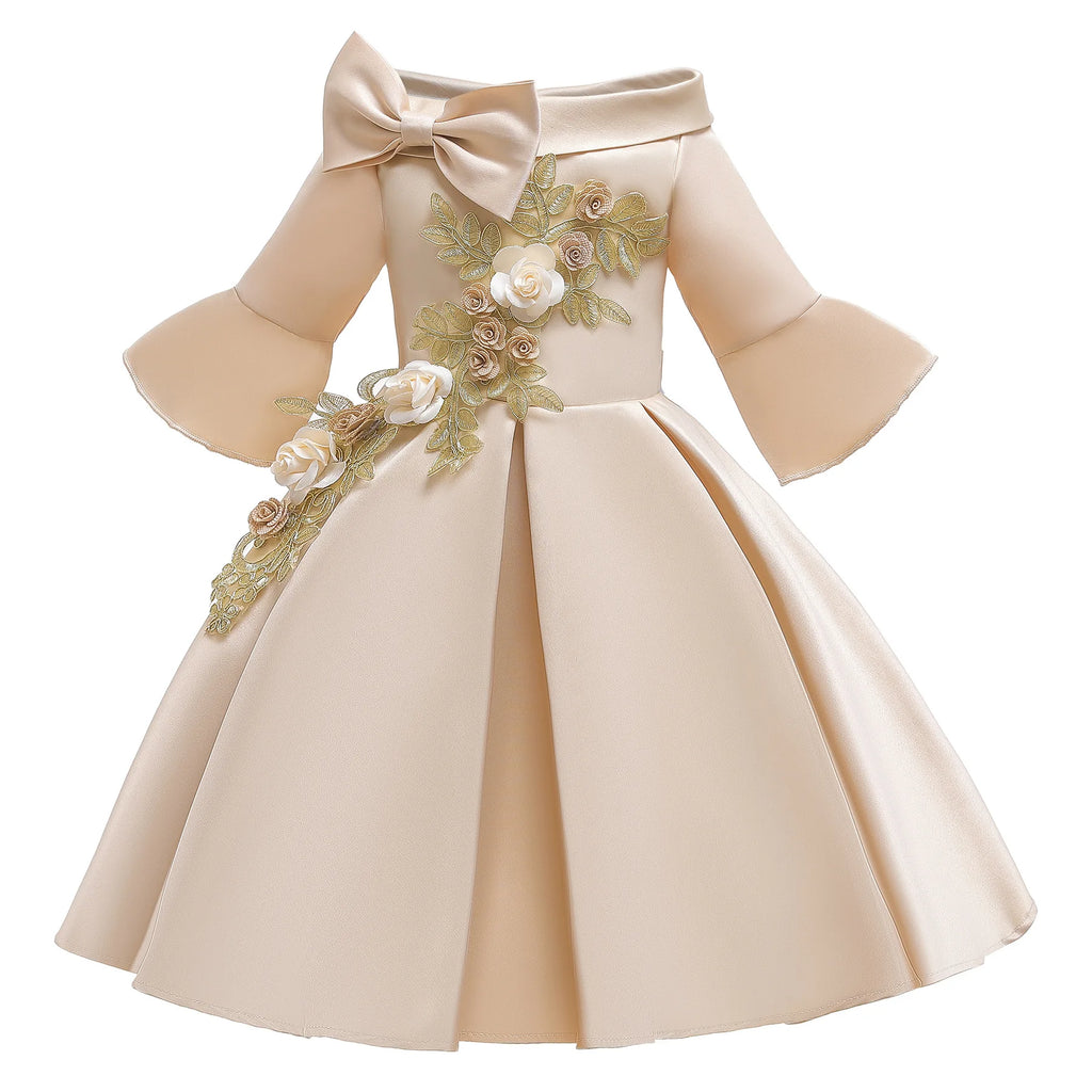 Girls' Sequin Satin Flare Sleeve Princess Party Dress