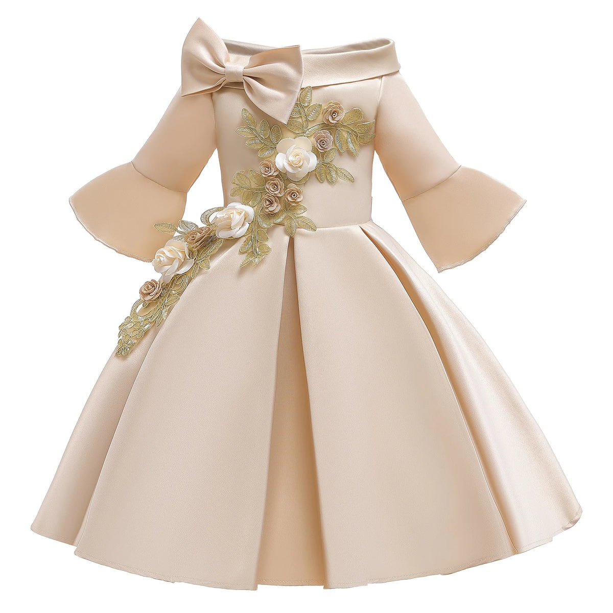Girls' Sequin Satin Flare Sleeve Princess Party Dress