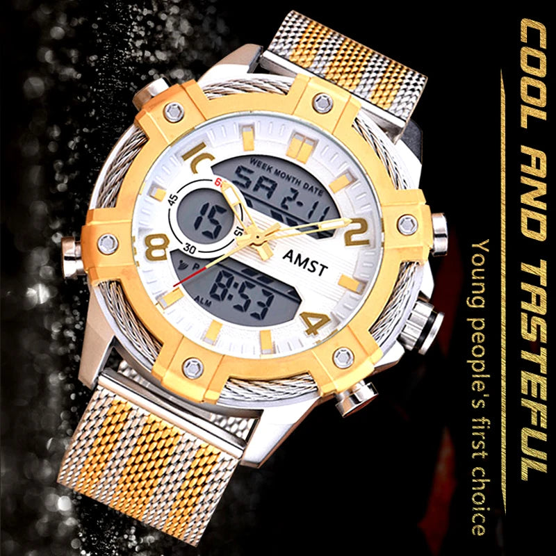 Men's Digital Quartz Dual Time Stainless Steel Watch