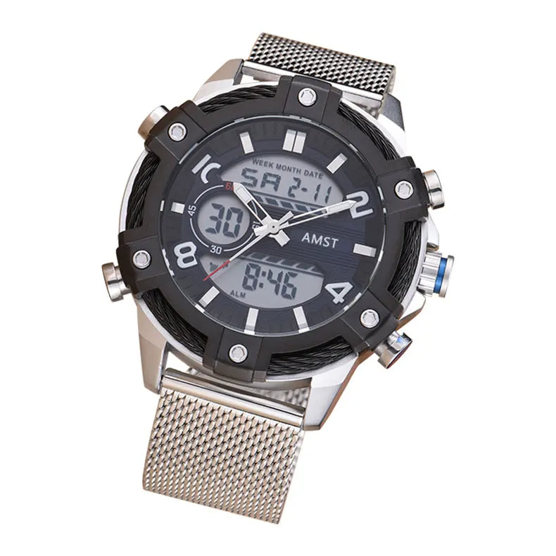 Men's Digital Quartz Dual Time Stainless Steel Watch