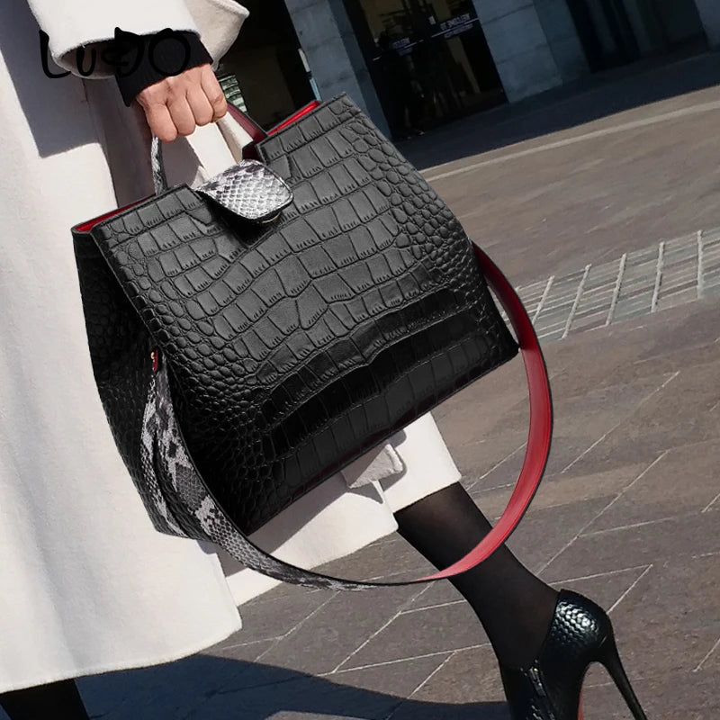 Women's Crocodile Pattern PU Leather Crossbody Shoulder Tote Bag