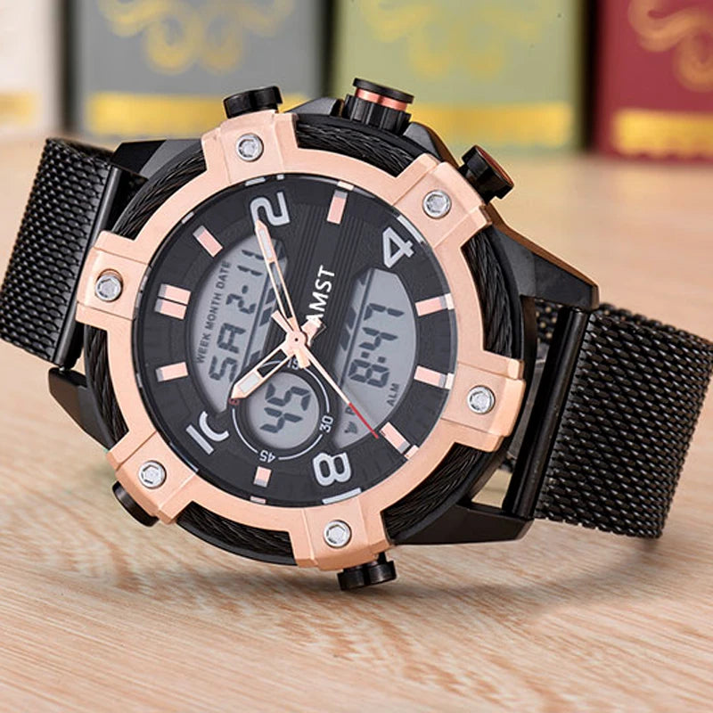 Men's Digital Quartz Dual Time Stainless Steel Watch