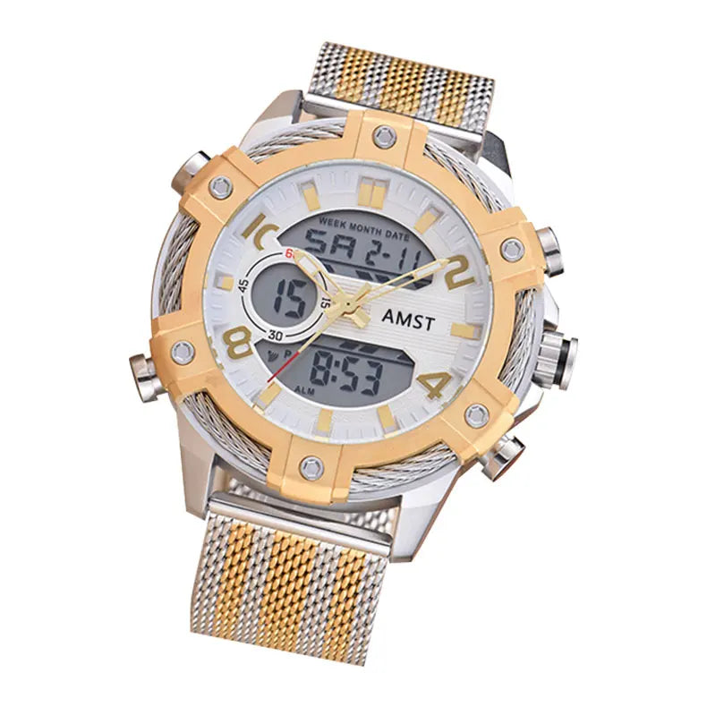 Men's Digital Quartz Dual Time Stainless Steel Watch