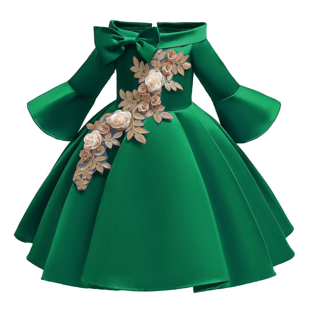 Girls' Sequin Satin Flare Sleeve Princess Party Dress