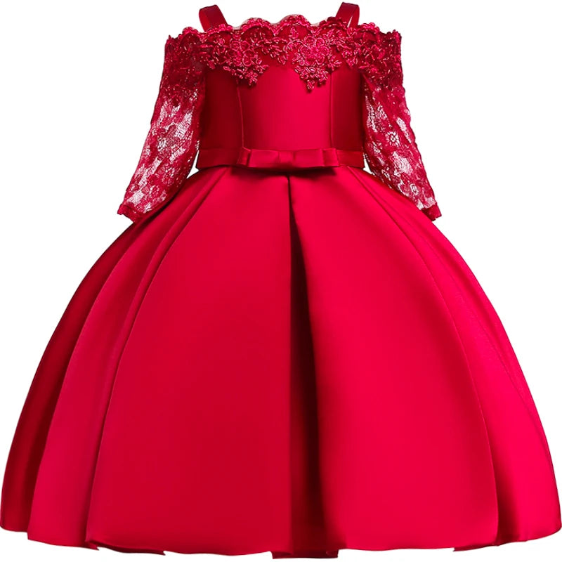 Girls' Sequin Satin Flare Sleeve Princess Party Dress