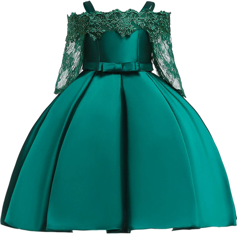 Girls' Sequin Satin Flare Sleeve Princess Party Dress