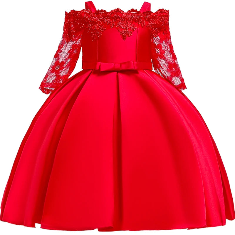 Girls' Sequin Satin Flare Sleeve Princess Party Dress