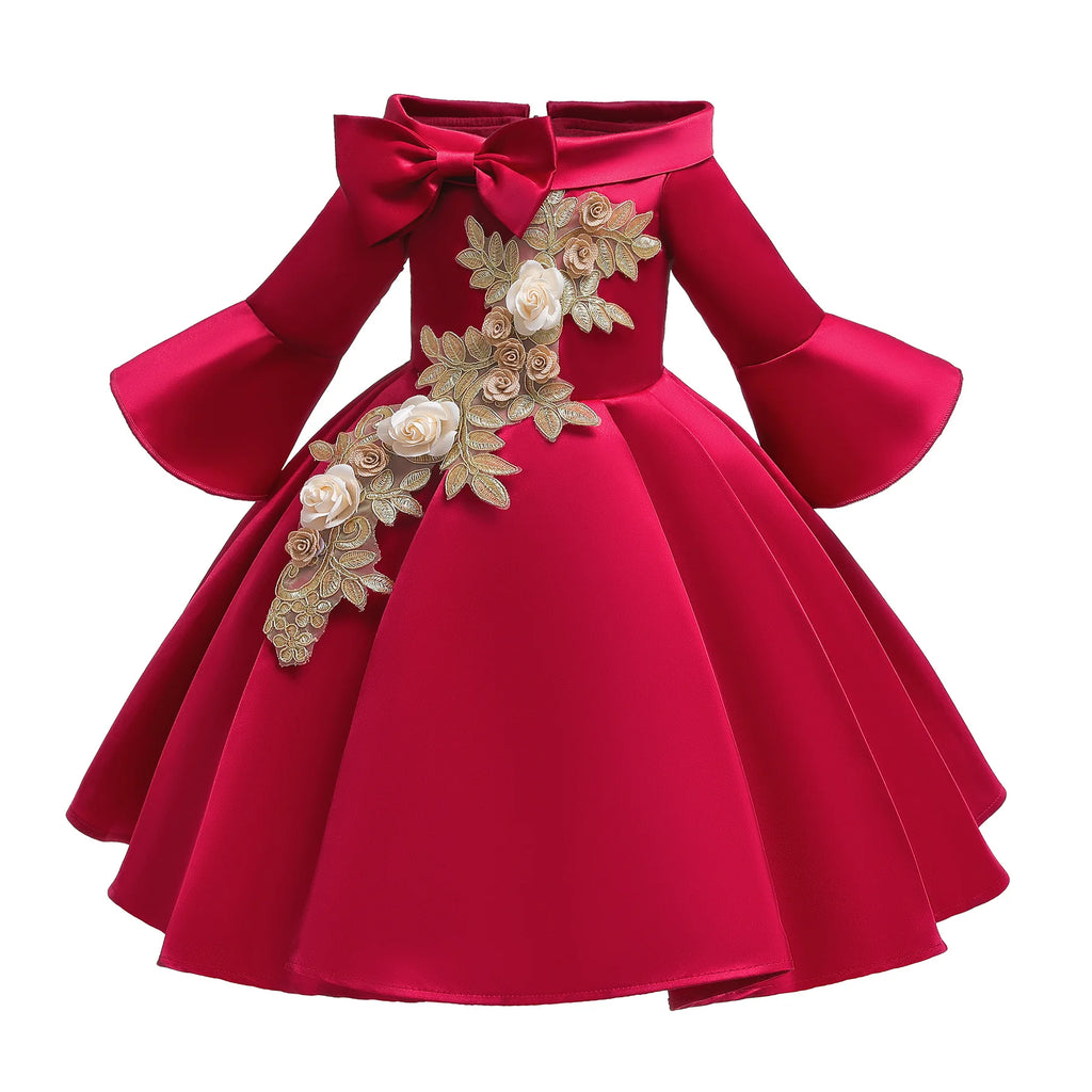 Girls' Sequin Satin Flare Sleeve Princess Party Dress