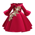Girls' Sequin Satin Flare Sleeve Princess Party Dress
