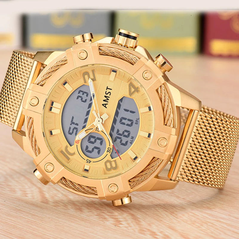 Men's Digital Quartz Dual Time Stainless Steel Watch