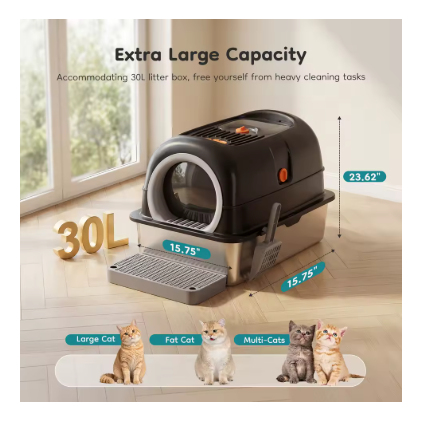Stainless Steel Cat Litter Box with Fully Enclosed 30L Large Cat Litter Box for Big Cats Cat Box Scoop and Mat Included