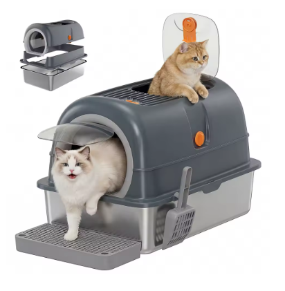Stainless Steel Cat Litter Box with Fully Enclosed 30L Large Cat Litter Box for Big Cats Cat Box Scoop and Mat Included