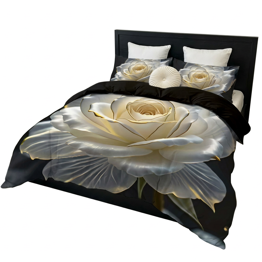 Golden Edged White Rose Print Duvet Cover Set with Pillowcases