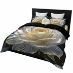 Golden Edged White Rose Print Duvet Cover Set with Pillowcases