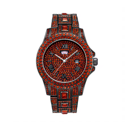 Hip Hop Stainless Steel Red Color Calendar Watch For Men