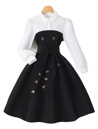 Girls' Long-Sleeved Lapel Button Contrast Color Dress