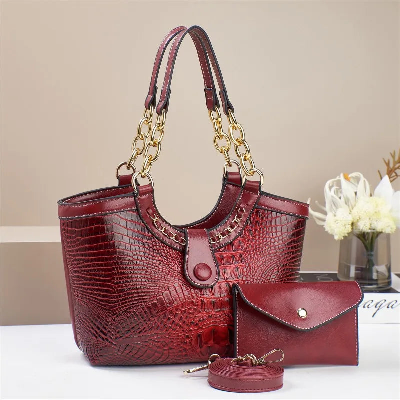 Women's Crocodile Pattern PU Leather Chain Crossbody Bag Set