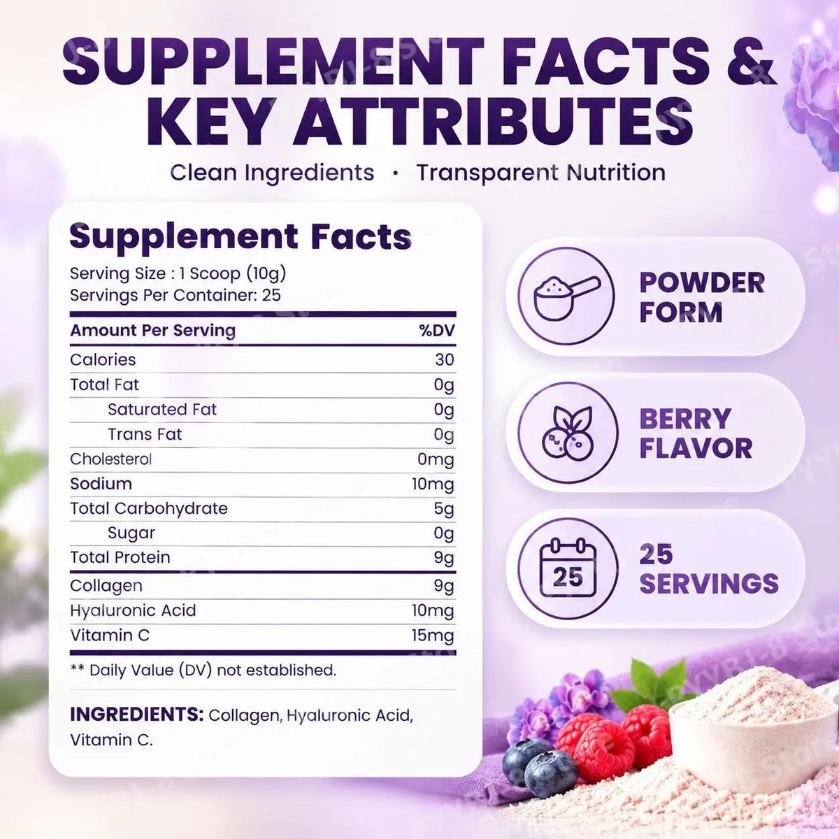 Collagen Peptides Powder Hyaluronic Acid Vitamin C Berry Flavor