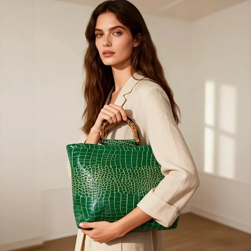 Women's Faux Leather Crocodile Pattern Emerald Green Tote Bag