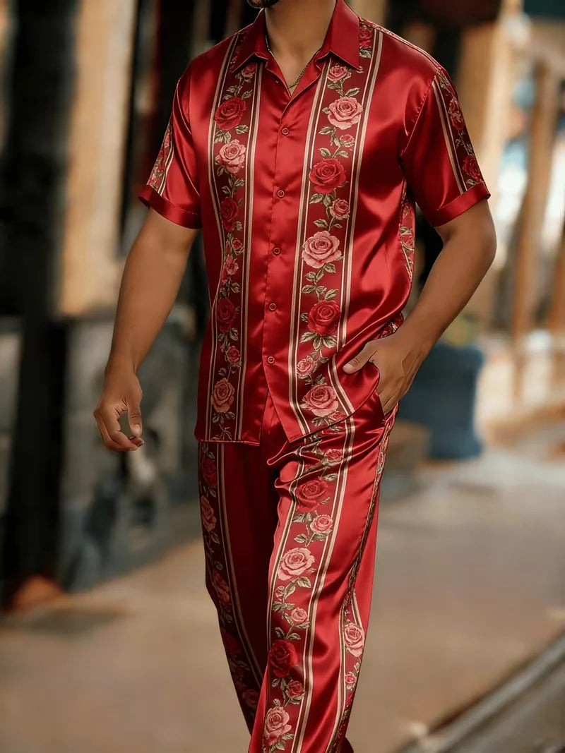 Men's Baroque Print Short Sleeve Shirt and Pants Two Piece Set