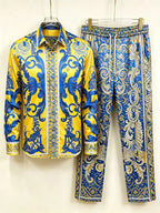 Men's Baroque Print Short Sleeve Shirt and Pants Two Piece Set