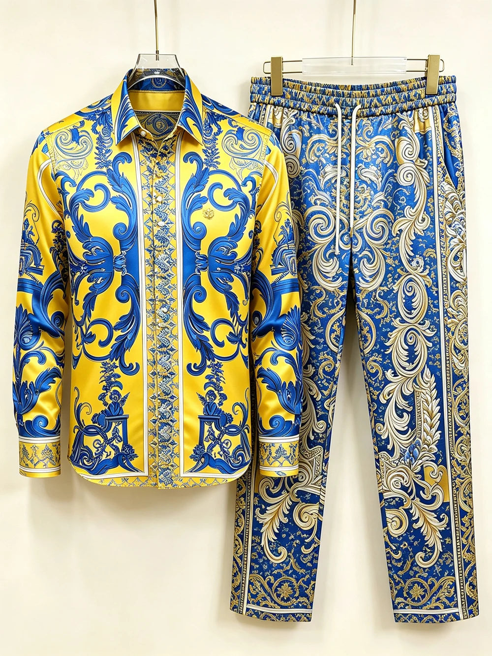 Men's Baroque Print Short Sleeve Shirt and Pants Two Piece Set