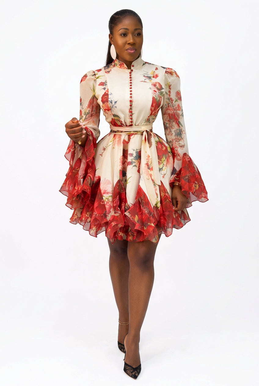 Women's Vintage Floral Lantern-Sleeve A-Line Short Dress