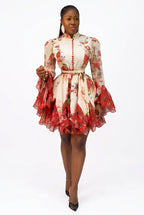 Women's Vintage Floral Lantern-Sleeve A-Line Short Dress