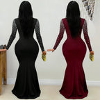 Women's Elegant Beaded Long Sleeve Mock Neck Maxi Dress