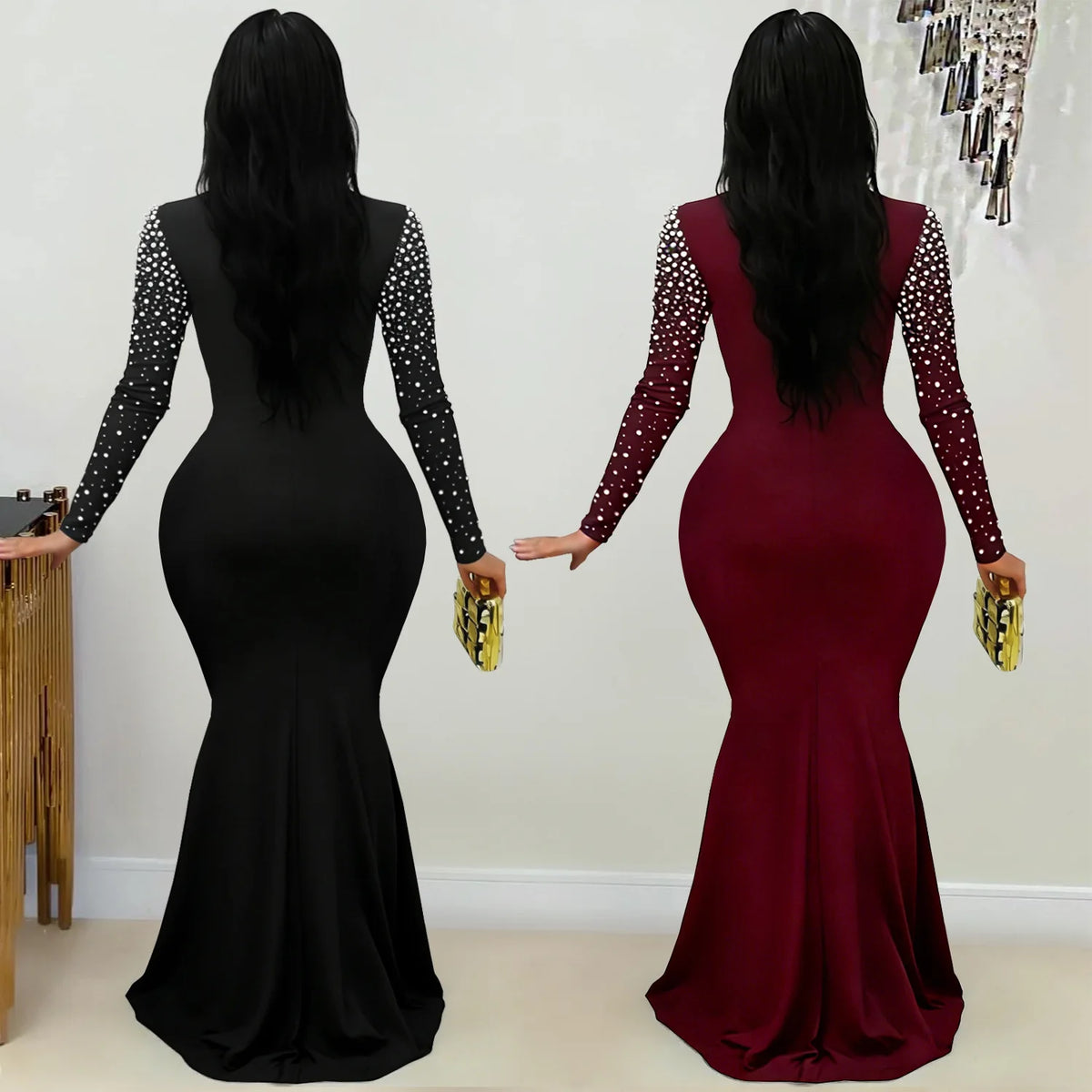 Women's Elegant Beaded Long Sleeve Mock Neck Maxi Dress