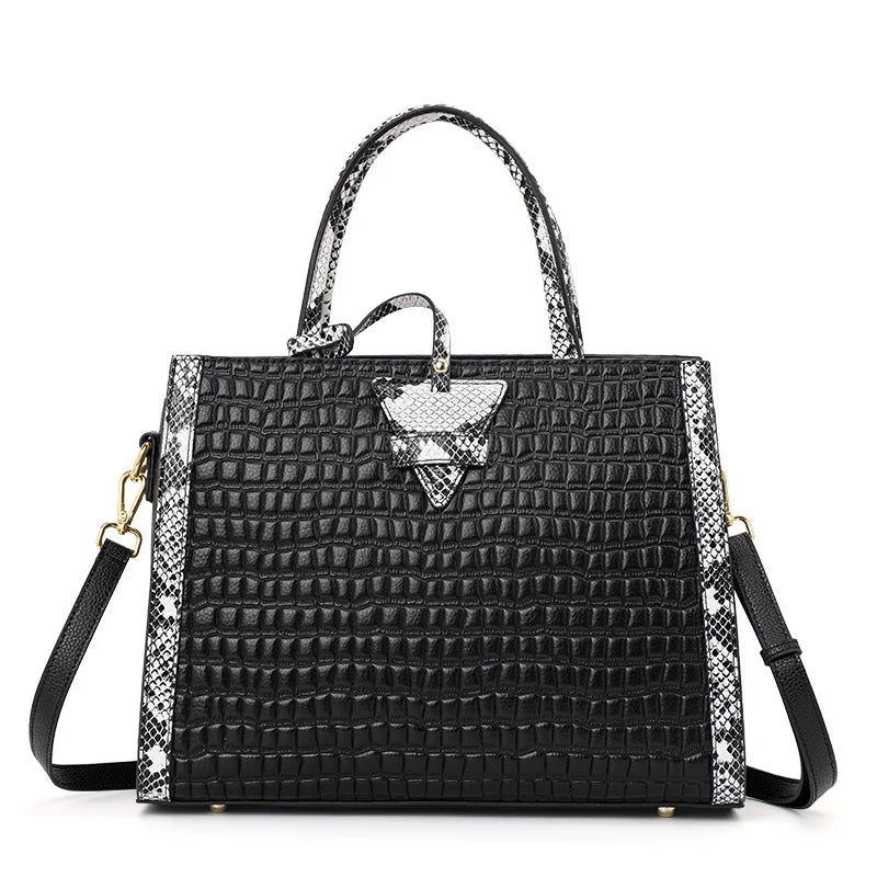 Women's Stone Pattern Cowhide Leather Large Capacity Shoulder Handbag