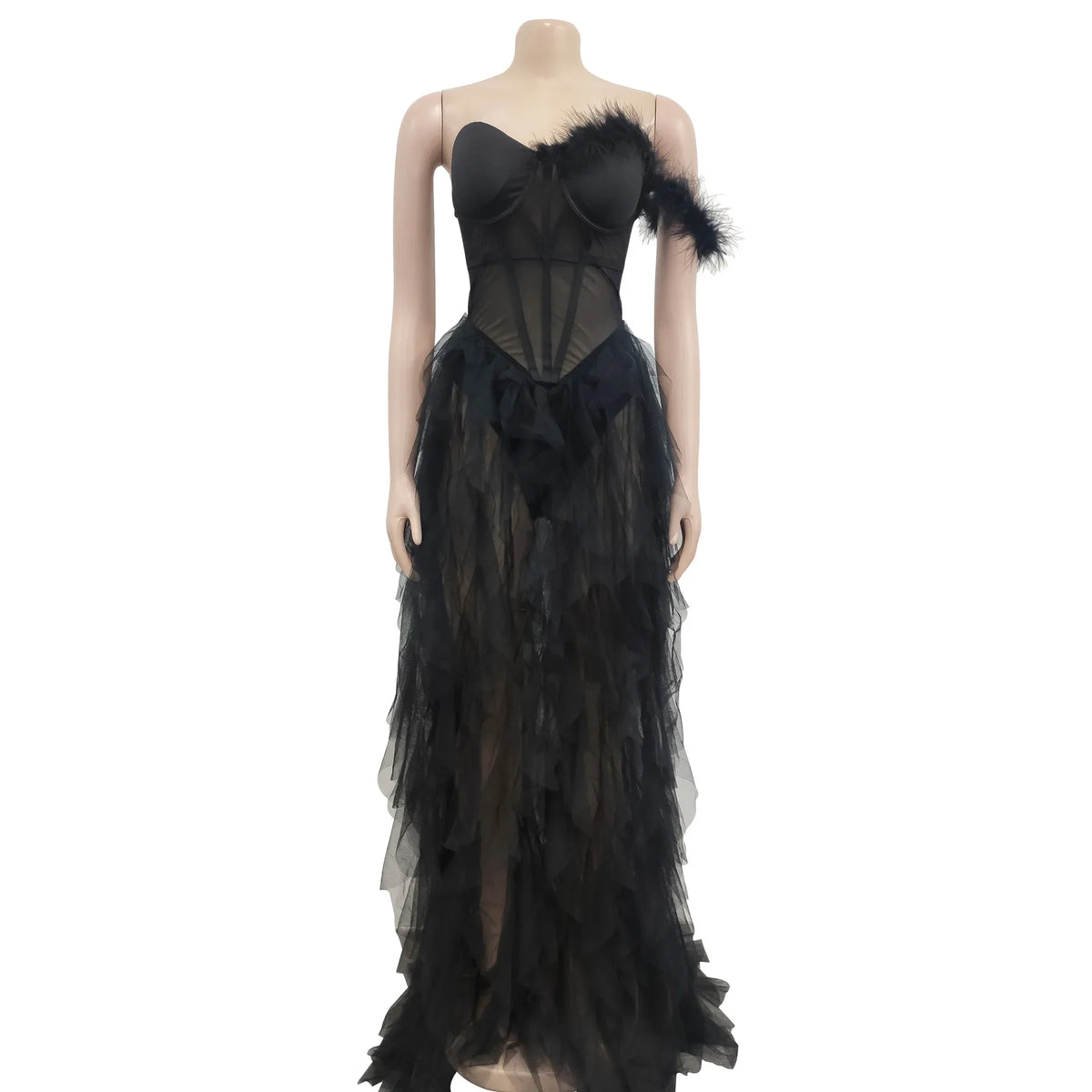 Women's Off-Shoulder Mesh Feather Floor-Length Gown
