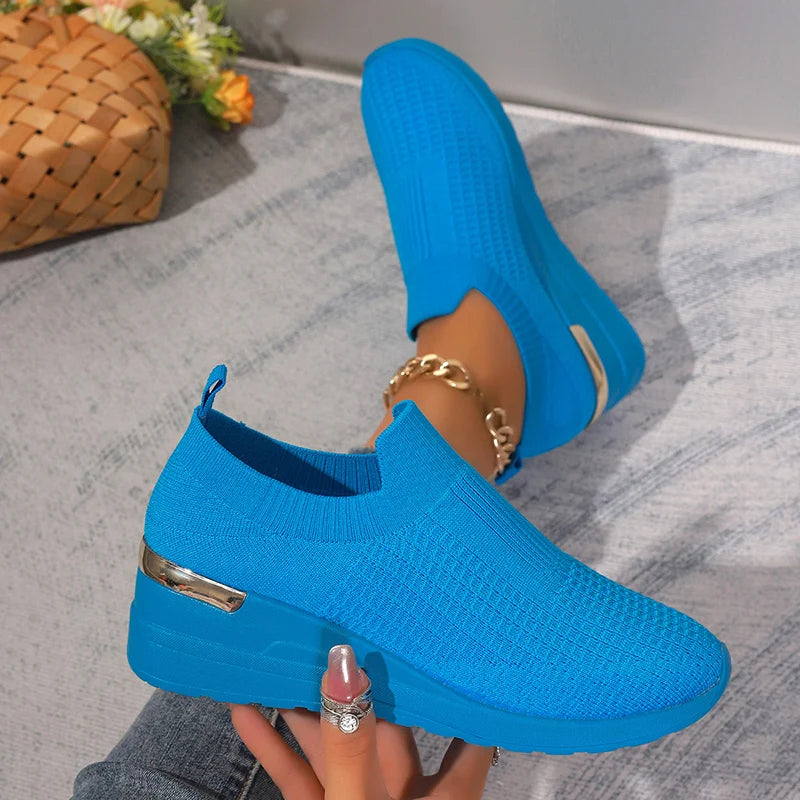 Women's Leopard Print Knitted Slip-On Wedge Sneakers
