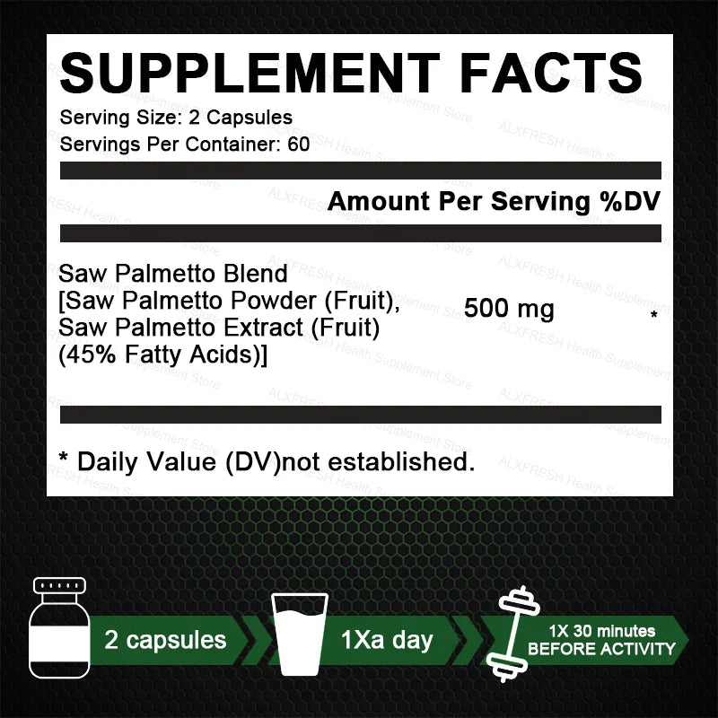 Saw Palmetto Capsules for Prostate Urinary Tract Bladder and Hair Health