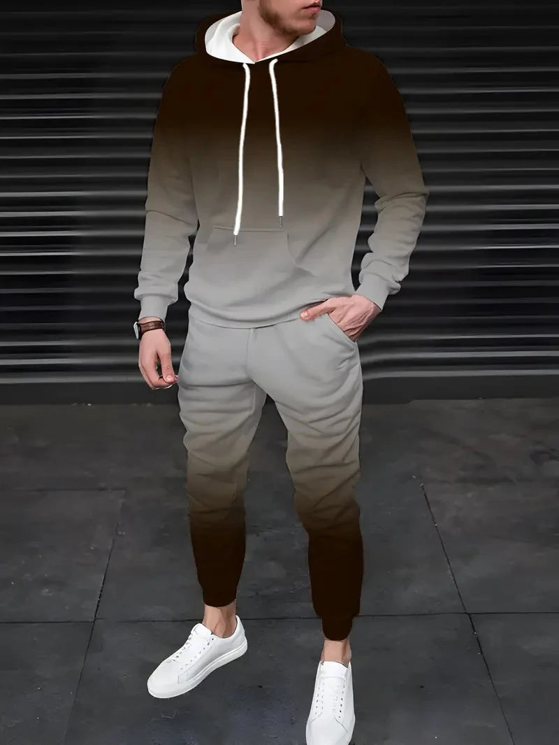 Men's Gradient 3D Pattern Print Hoodie and Pants Two-Piece Set