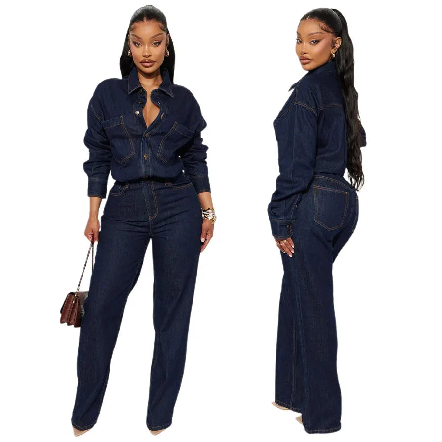 Women's Washed Denim Straight Leg Jumpsuit