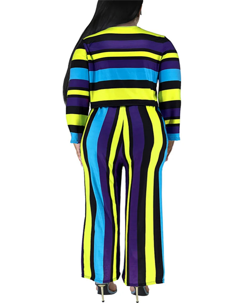 Women's Striped Crop Top and Pants Two-Piece Set 91302