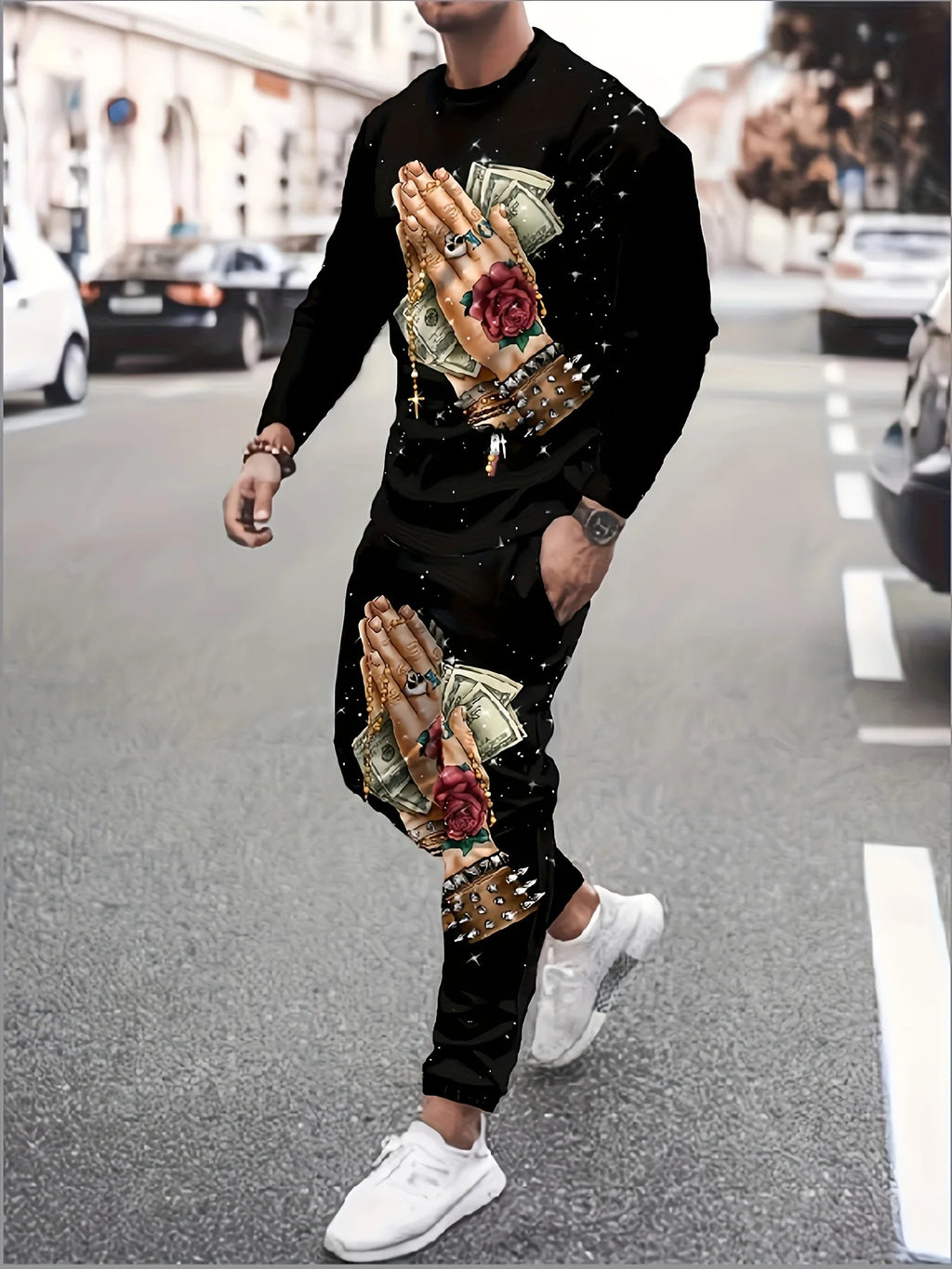 Men's Faux-Zipper Print Sweatshirt and Pants Two-Piece Set