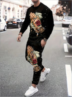 Men's Faux-Zipper Print Sweatshirt and Pants Two-Piece Set