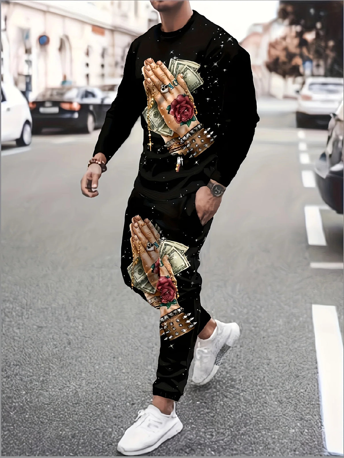 Men's Faux-Zipper Print Sweatshirt and Pants Two-Piece Set