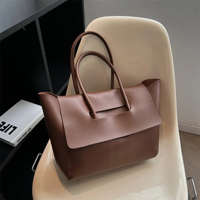 Women's Solid Color PU Leather Handbag Shoulder Tote Bag