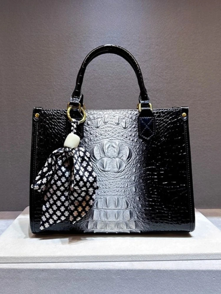 Women's Alligator Print Genuine Leather Handbag Shoulder Tote Bag