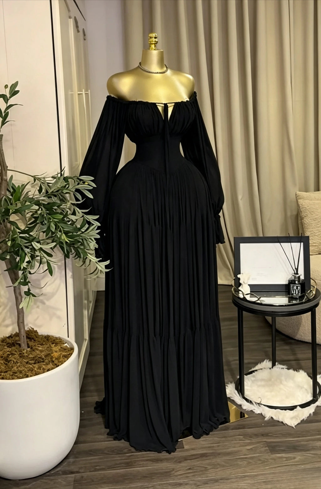 Women's Strapless Long Sleeve Belted Maxi Dress