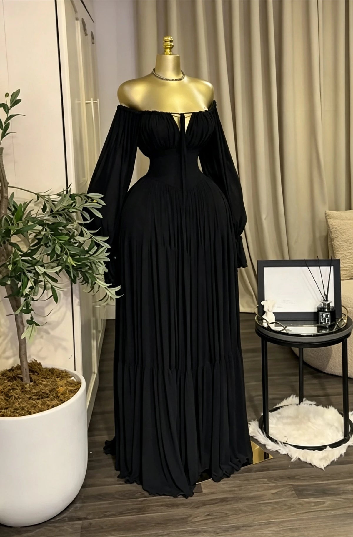 Women's Strapless Long Sleeve Belted Maxi Dress