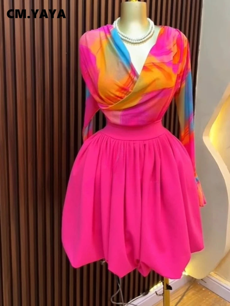 Women's Tie Dye Mesh Long Sleeve Wrap V Neck Pleated Mini Dress