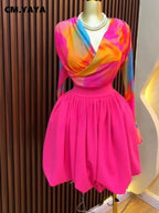 Women's Tie Dye Mesh Long Sleeve Wrap V Neck Pleated Mini Dress