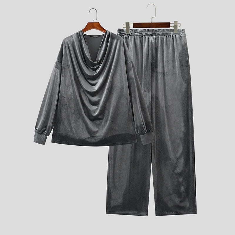 Men's Solid Color Velour Pleated Long Sleeve Two Piece Set